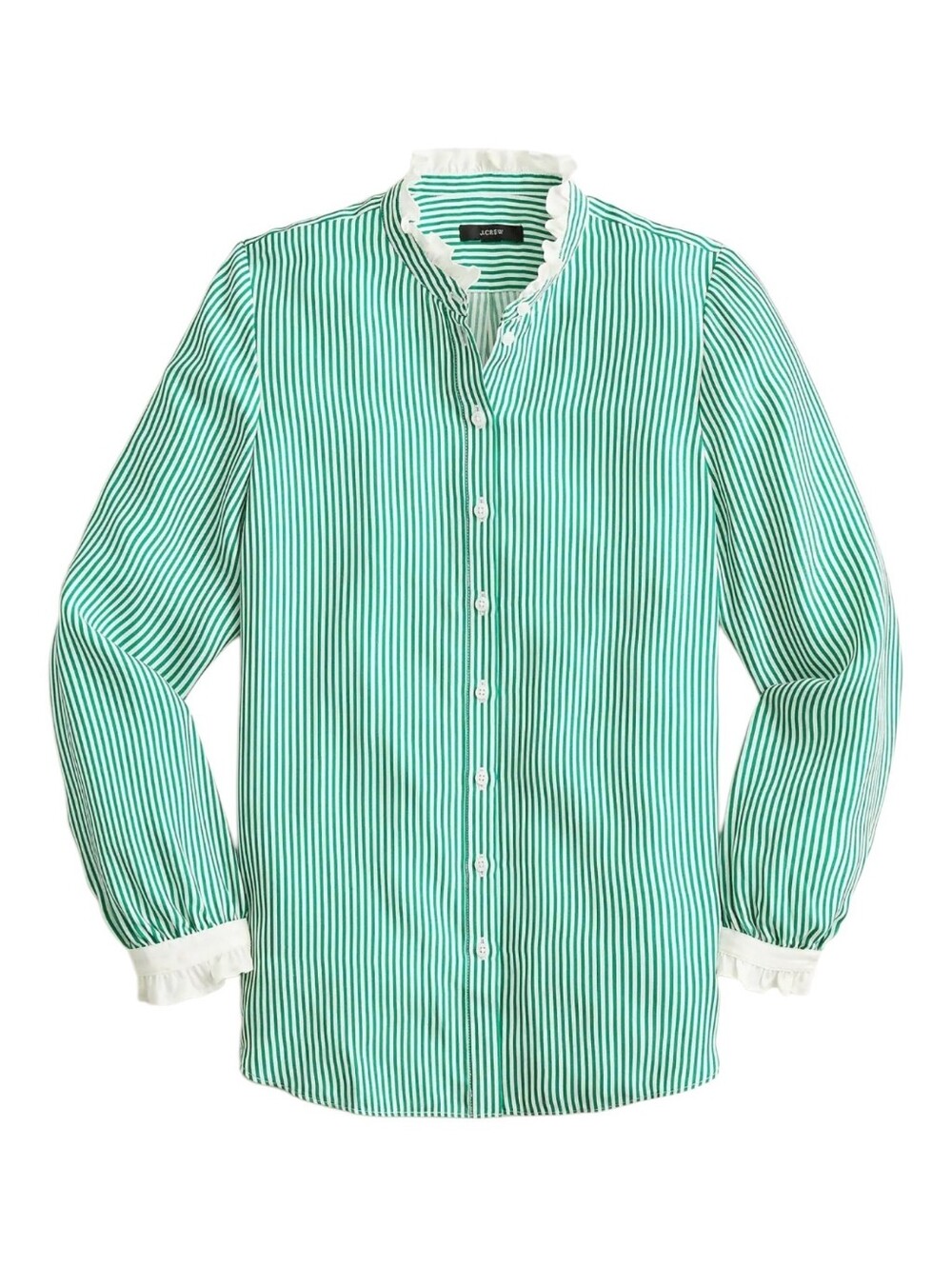 J Crew Womens Kelly Green Striped Cupro Blend Ruffle Trim Button Up Shirt Small